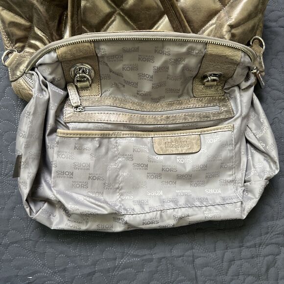 Michael Kors Quilted Lamb Leather Shoulder Handbag Gold Lame 2 Way Chain Strap - Picture 12 of 15